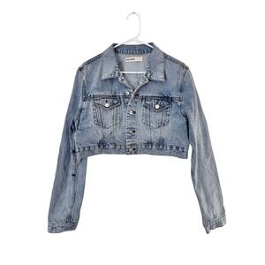 GRLFRND Evie Los Angeles Women Cropped Denim Jacket Light Wash Blue Cotton Large
